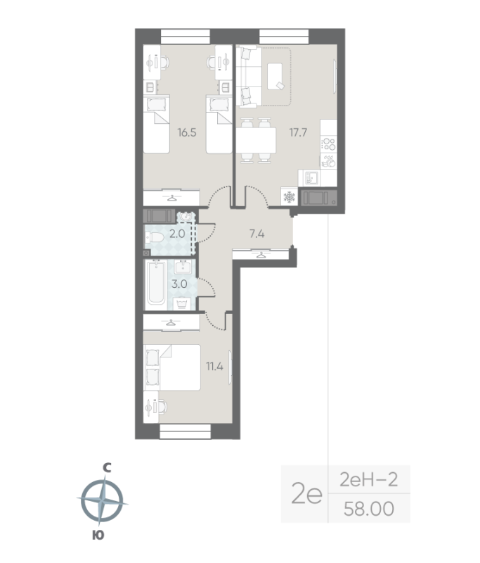 2-комнатная квартира  №75 в Большая Охта: 58 м², этаж 6 - купить в Санкт-Петербурге
