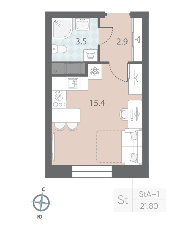 1-комнатная квартира  №45 в Малоохтинский, 68: 21.8 м², этаж 9 - купить в Санкт-Петербурге