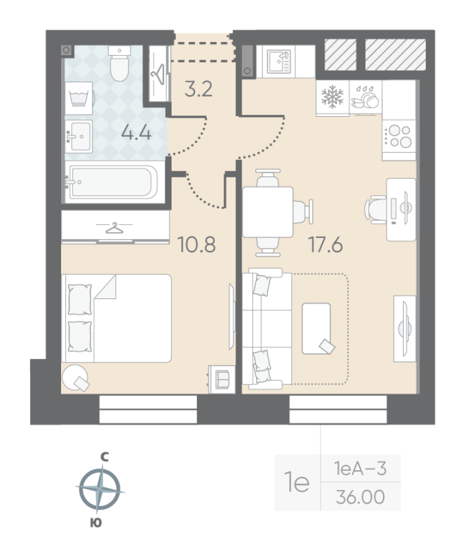 1-комнатная квартира  №56 в Малоохтинский, 68: 36 м², этаж 2 - купить в Санкт-Петербурге