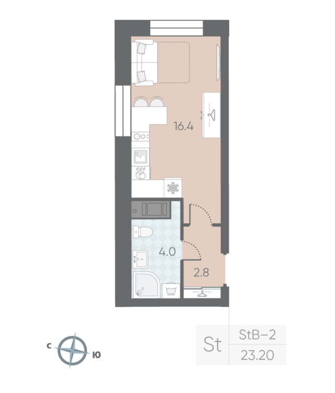 1-комнатная квартира  №69 в Большая Охта: 23.2 м², этаж 8 - купить в Санкт-Петербурге