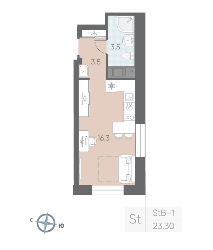 1-комнатная квартира  №53 в Большая Охта: 23.3 м², этаж 7 - купить в Санкт-Петербурге