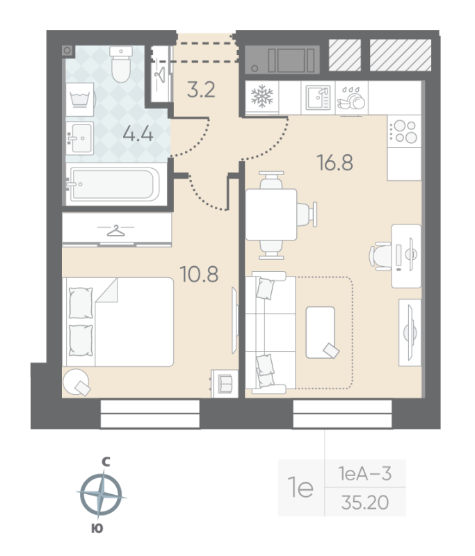 1-комнатная квартира  №66 в Малоохтинский, 68: 35.2 м², этаж 4 - купить в Санкт-Петербурге