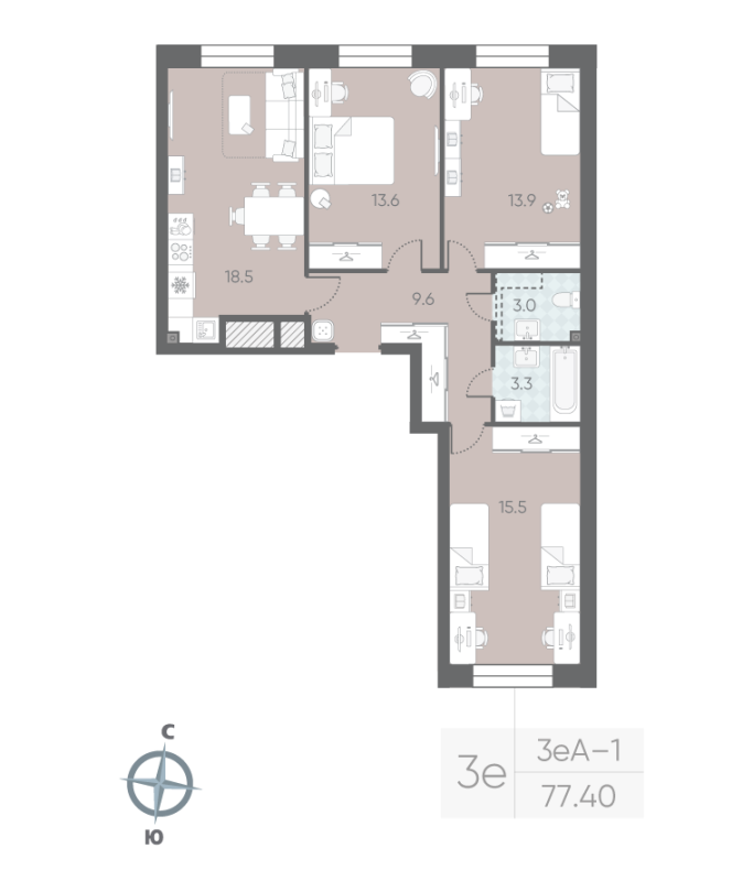 2-комнатная квартира  №59 в Большая Охта: 77.4 м², этаж 2 - купить в Санкт-Петербурге