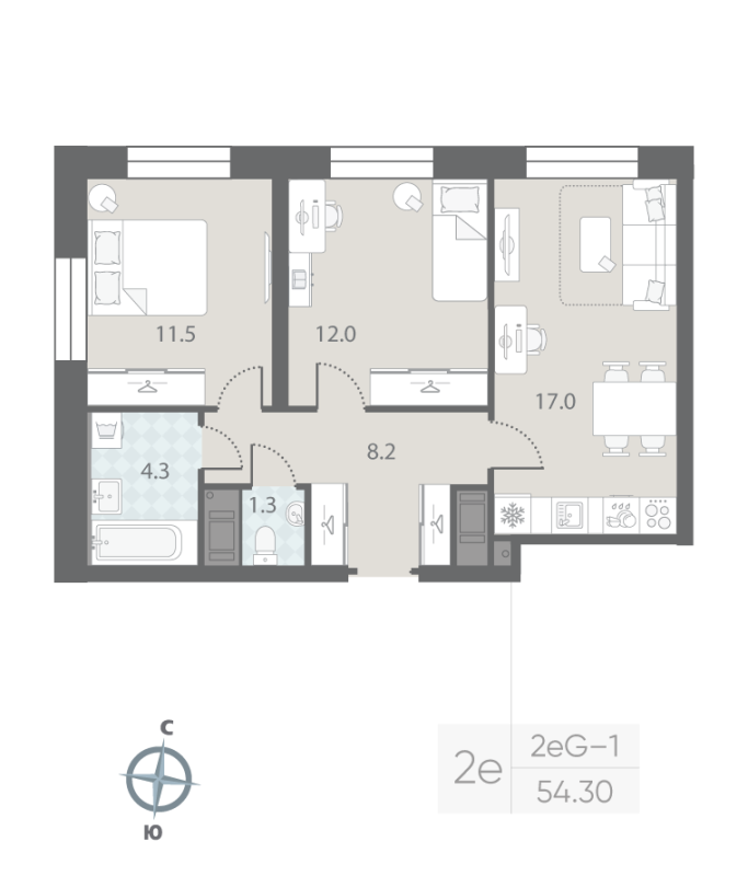 2-комнатная квартира  №43 в Большая Охта: 54.3 м², этаж 9 - купить в Санкт-Петербурге