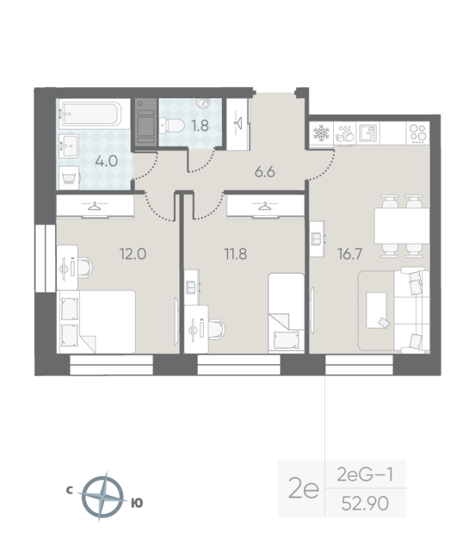 2-комнатная квартира  №20 в Большая Охта: 52.9 м², этаж 3 - купить в Санкт-Петербурге
