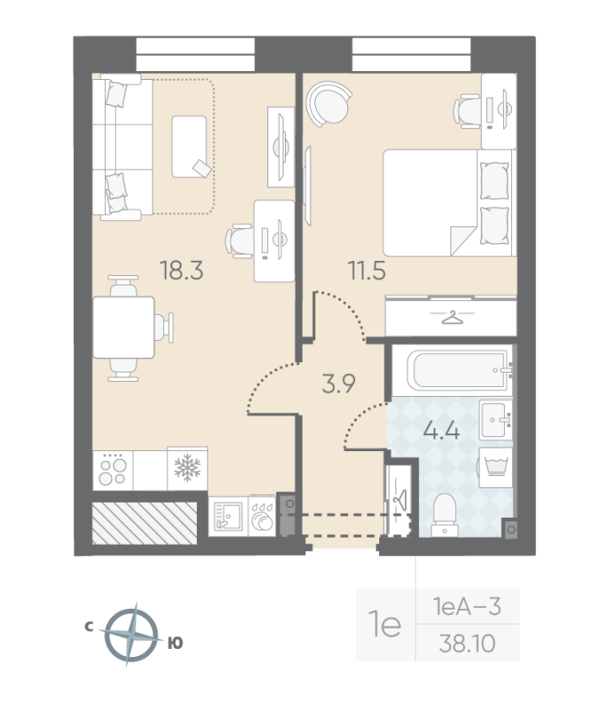 1-комнатная квартира  №5 в Большая Охта: 38.1 м², этаж 2 - купить в Санкт-Петербурге