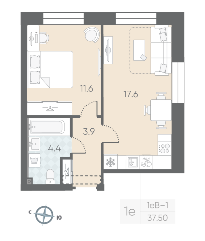 1-комнатная квартира  №34 в Большая Охта: 37.5 м², этаж 5 - купить в Санкт-Петербурге