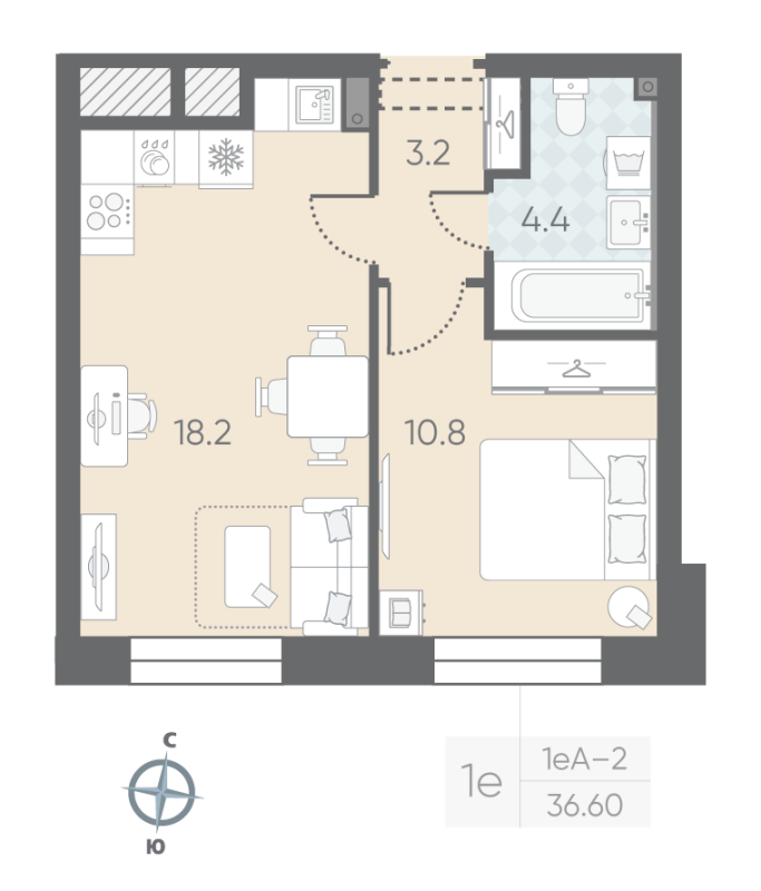 1-комнатная квартира  №5 в Малоохтинский, 68: 36.6 м², этаж 2 - купить в Санкт-Петербурге