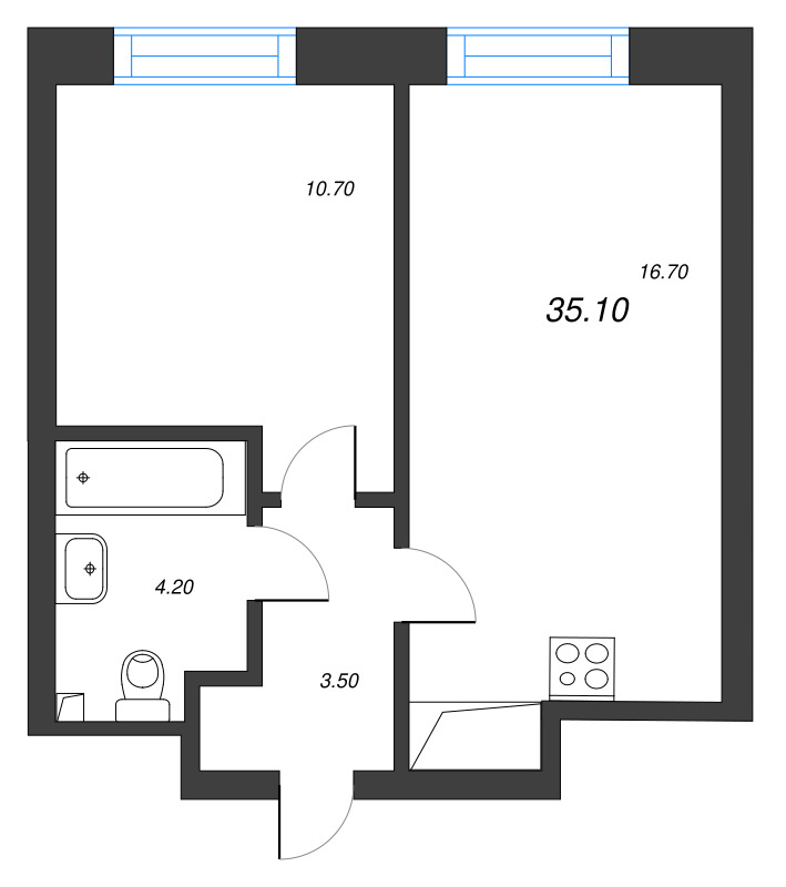 1-комнатная квартира  №382 в Большая Охта: 35.1 м², этаж 12 - купить в Санкт-Петербурге