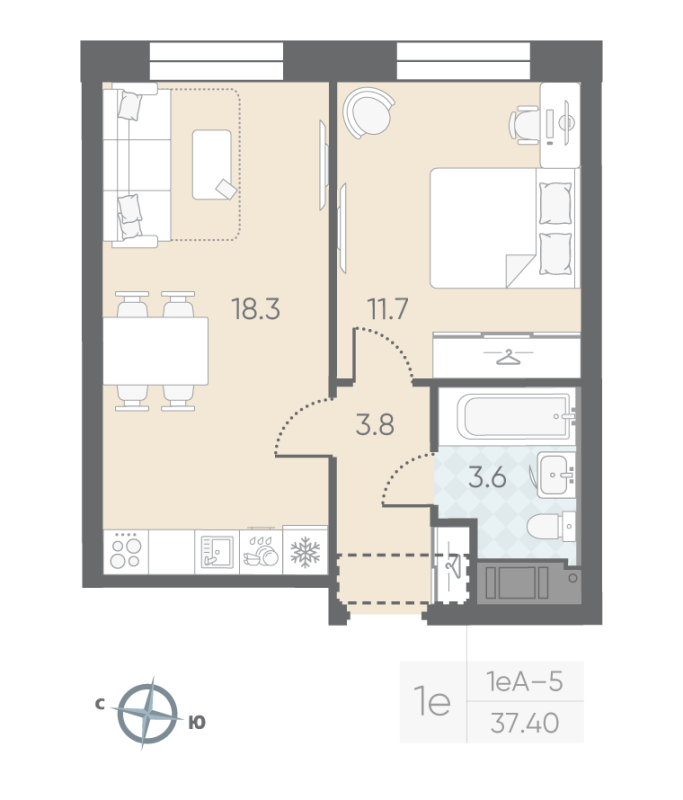 1-комнатная квартира  №87 в Большая Охта: 37.4 м², этаж 10 - купить в Санкт-Петербурге