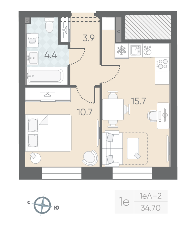 1-комнатная квартира  №2 в Большая Охта: 34.7 м², этаж 2 - купить в Санкт-Петербурге