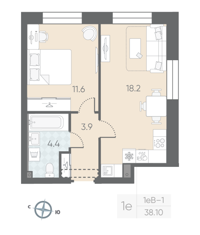 1-комнатная квартира  №4 в Большая Охта: 38.1 м², этаж 2 - купить в Санкт-Петербурге