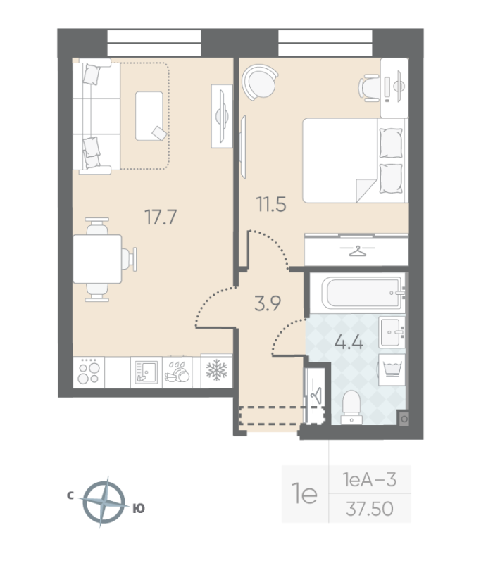 1-комнатная квартира  №15 в Большая Охта: 37.5 м², этаж 3 - купить в Санкт-Петербурге