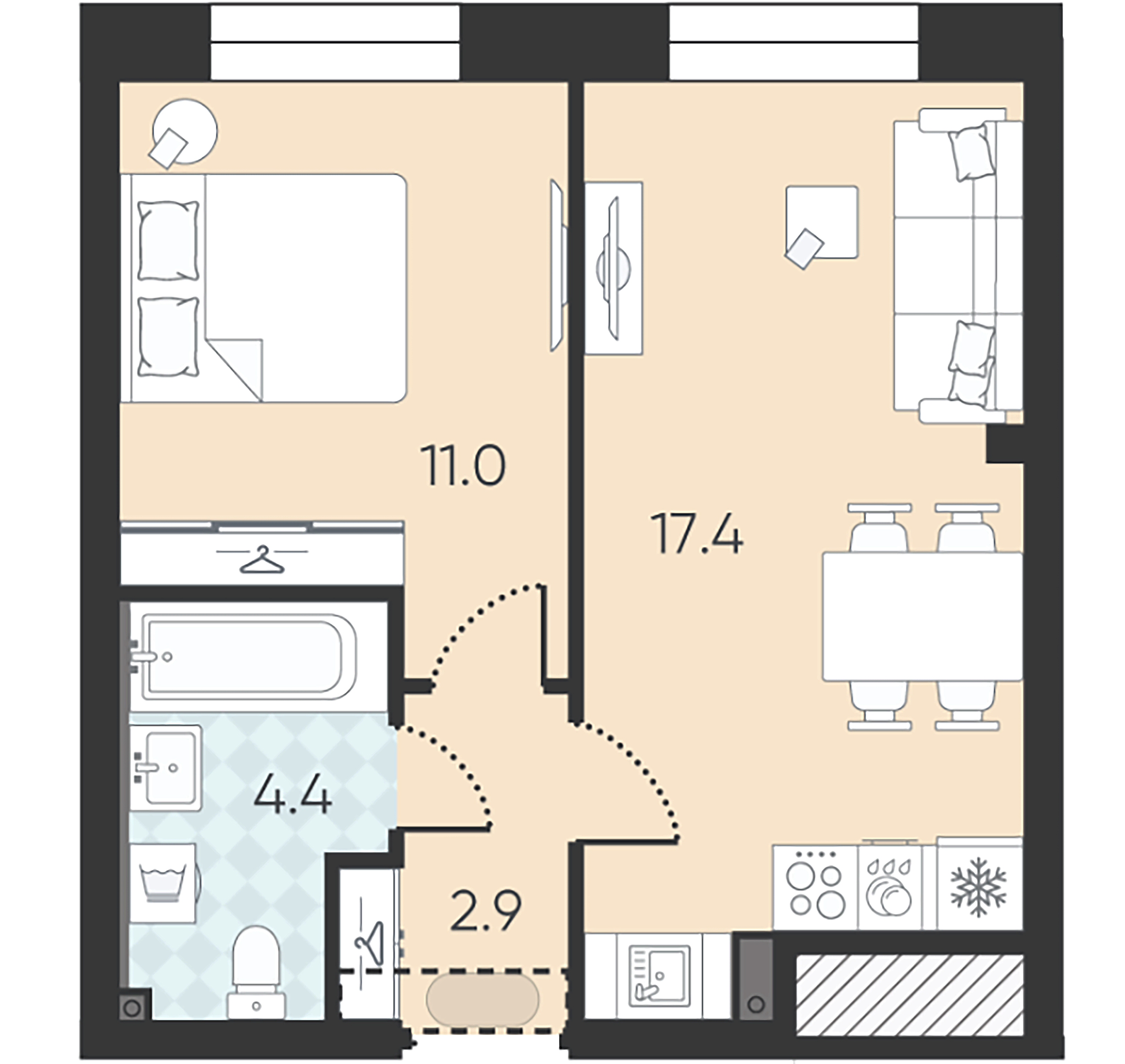 1-комнатная квартира  №6 в Большая Охта: 35.7 м², этаж 2 - купить в Санкт-Петербурге