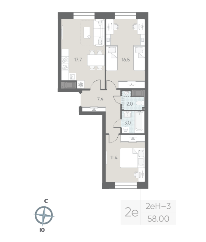 2-комнатная квартира  №114 в Большая Охта: 58 м², этаж 4 - купить в Санкт-Петербурге
