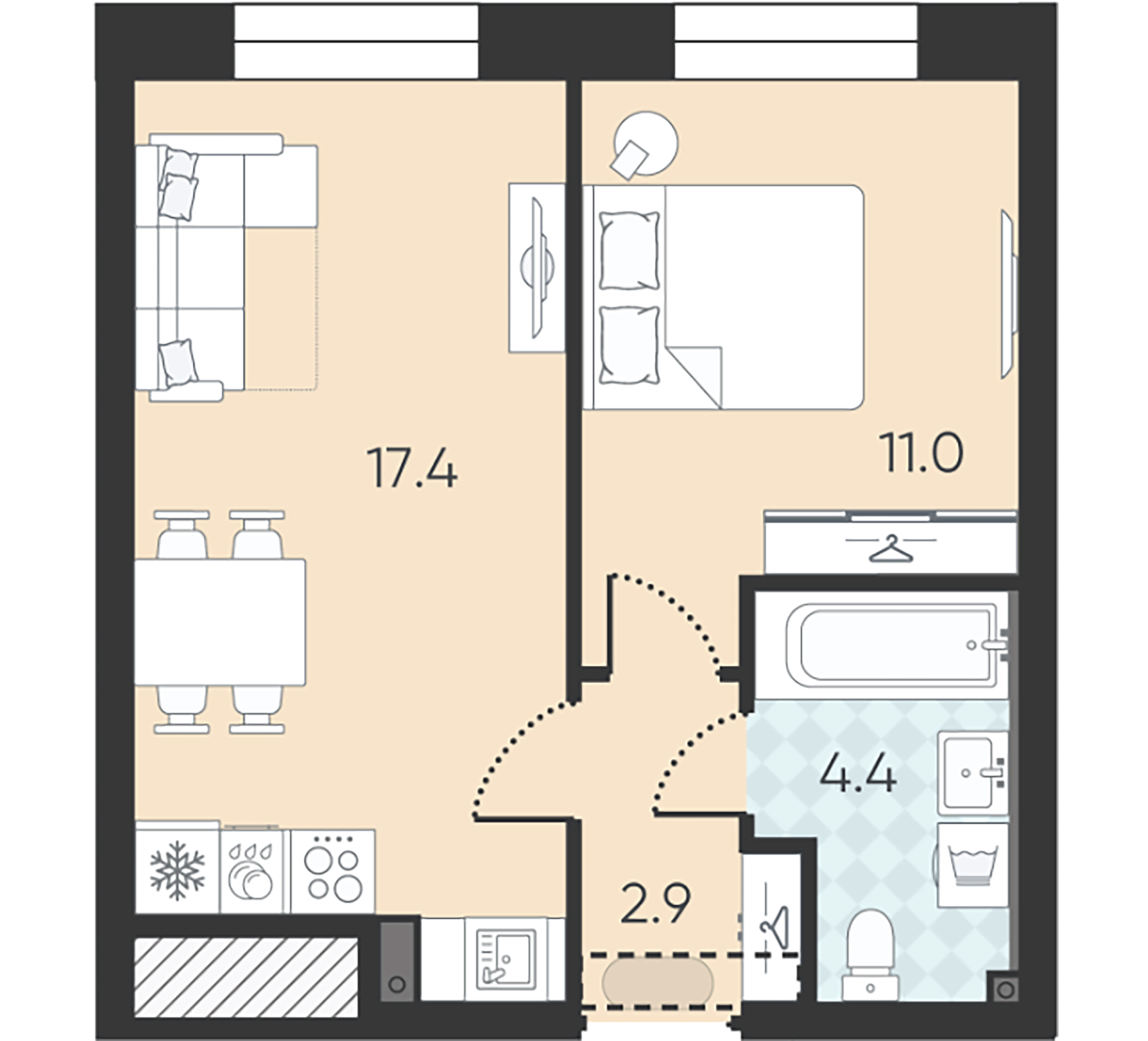 1-комнатная квартира  №188 в Большая Охта: 35.7 м², этаж 2 - купить в Санкт-Петербурге