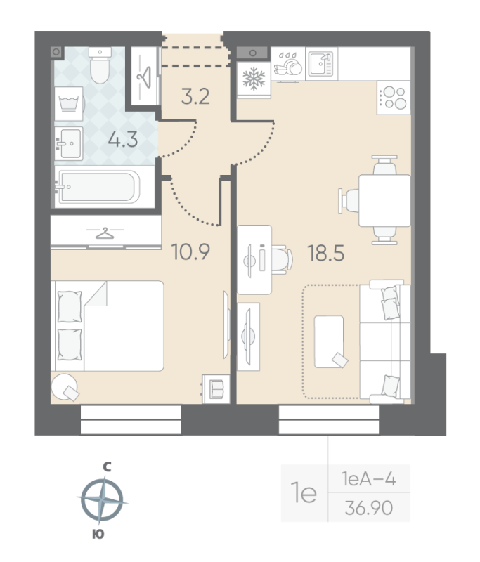 1-комнатная квартира  №58 в Малоохтинский, 68: 36.9 м², этаж 2 - купить в Санкт-Петербурге