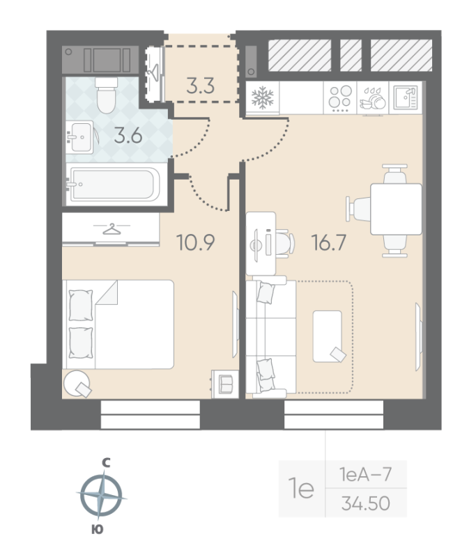 1-комнатная квартира  №152 в Малоохтинский, 68: 34.5 м², этаж 3 - купить в Санкт-Петербурге