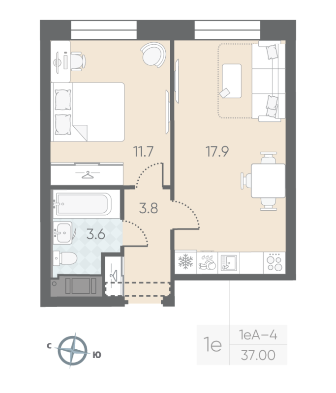 1-комнатная квартира  №86 в Большая Охта: 37 м², этаж 10 - купить в Санкт-Петербурге