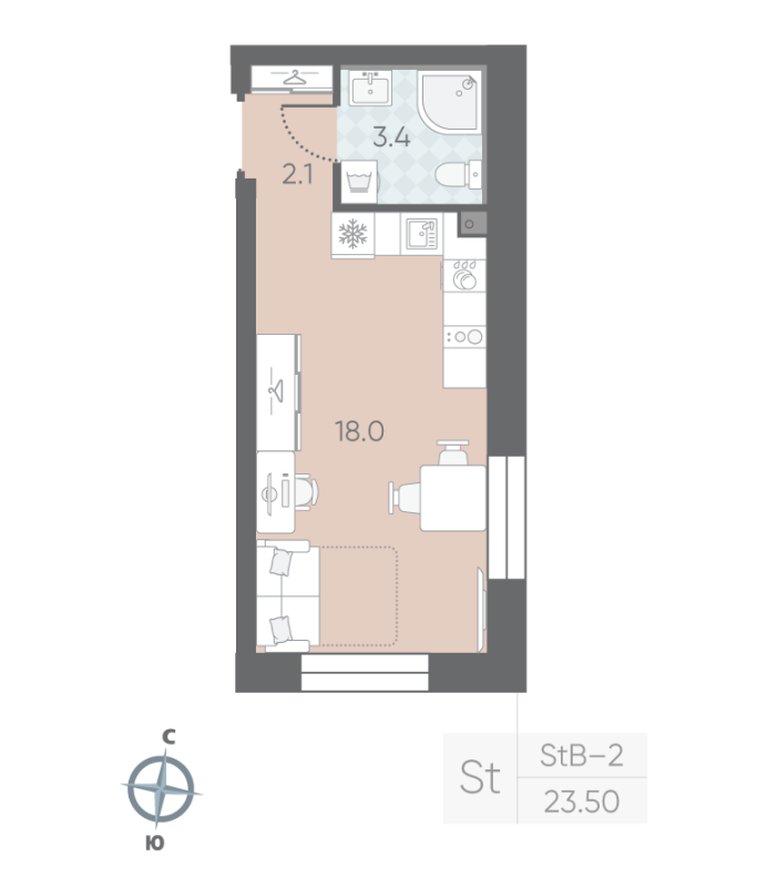 1-комнатная квартира  №149 в Малоохтинский, 68: 23.5 м², этаж 2 - купить в Санкт-Петербурге