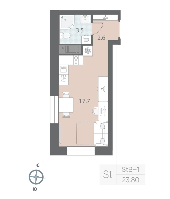1-комнатная квартира  №8 в Малоохтинский, 68: 23.8 м², этаж 3 - купить в Санкт-Петербурге