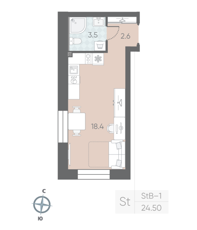 1-комнатная квартира  №2 в Малоохтинский, 68: 24.5 м², этаж 2 - купить в Санкт-Петербурге