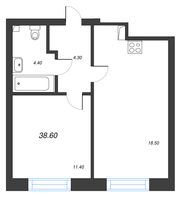 1-комнатная квартира  №130 в Imperial club: 38.6 м², этаж 2 - купить в Санкт-Петербурге