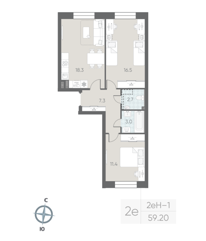 2-комнатная квартира  №6 в Большая Охта: 59.2 м², этаж 2 - купить в Санкт-Петербурге