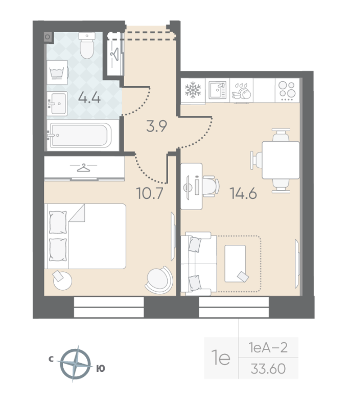 1-комнатная квартира  №82 в Большая Охта: 33.6 м², этаж 10 - купить в Санкт-Петербурге