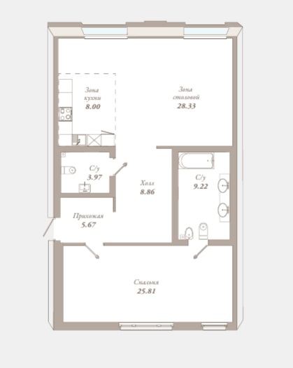 1-комнатная квартира  №22 в Приоритет: 93.8 м², этаж 2 - купить в Санкт-Петербурге