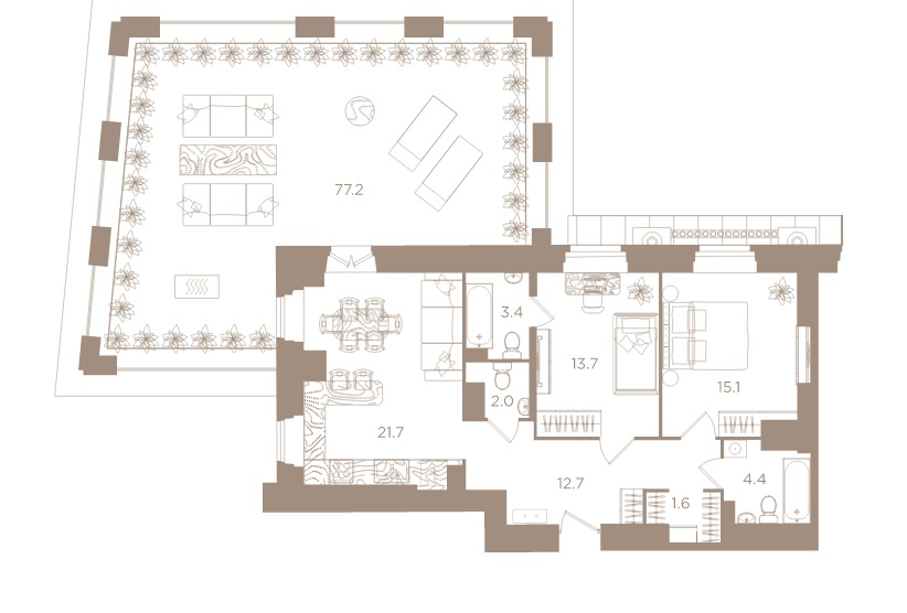 2-комнатная квартира  №22 в Северная корона Apartments: 151.8 м², этаж 4 - купить в Санкт-Петербурге