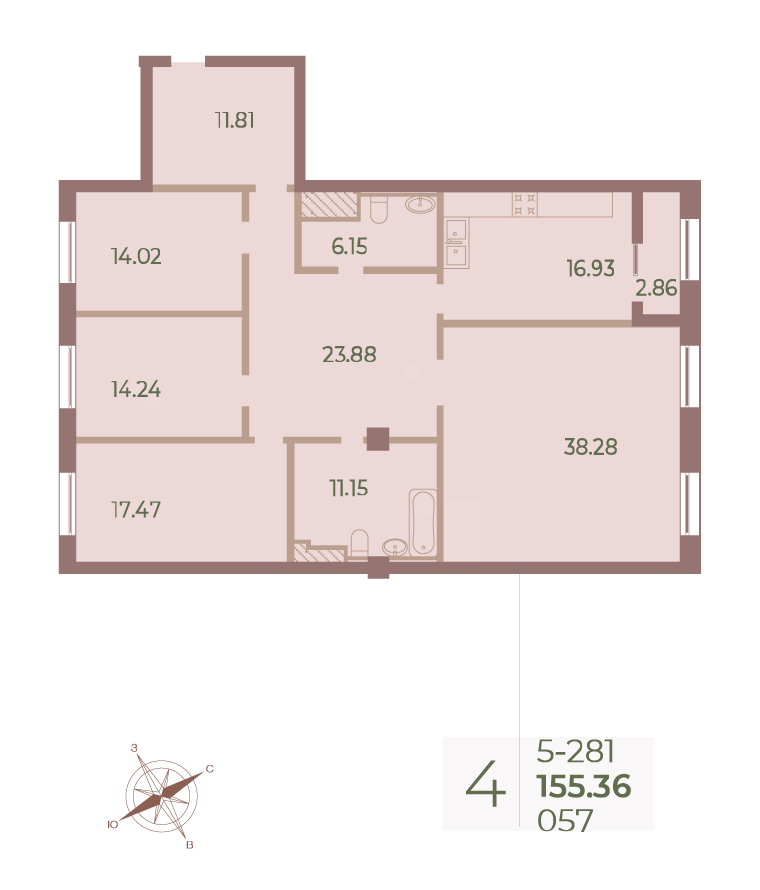 4-комнатная квартира  №57 в Neva Haus: 155.7 м², этаж 8 - купить в Санкт-Петербурге