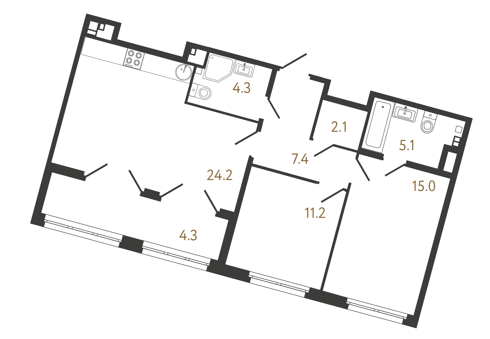 2-комнатная квартира  №24 в Миръ: 69.3 м², этаж 3 - купить в Санкт-Петербурге