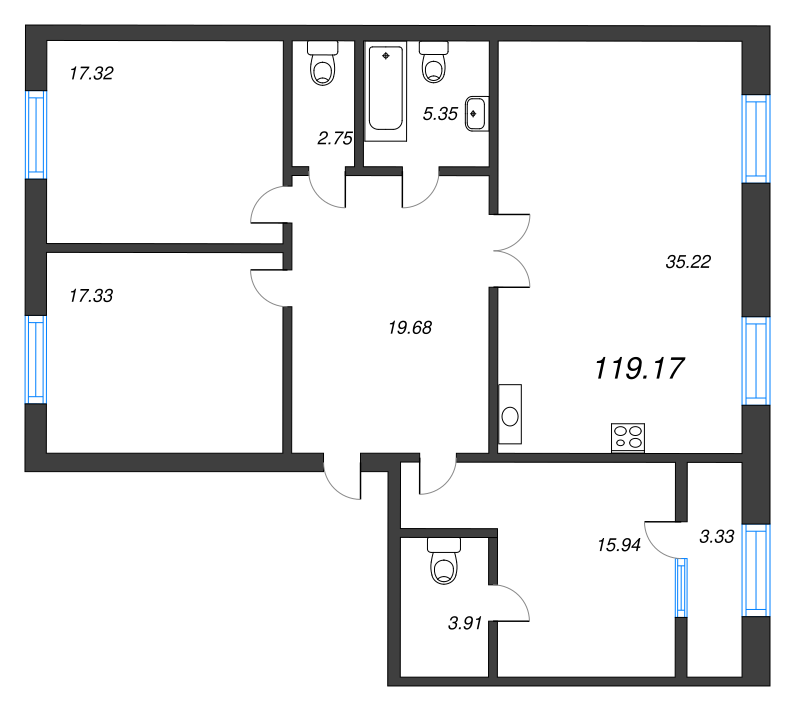 3-комнатная квартира  №154 в Neva Haus: 118.5 м², этаж 9 - купить в Санкт-Петербурге