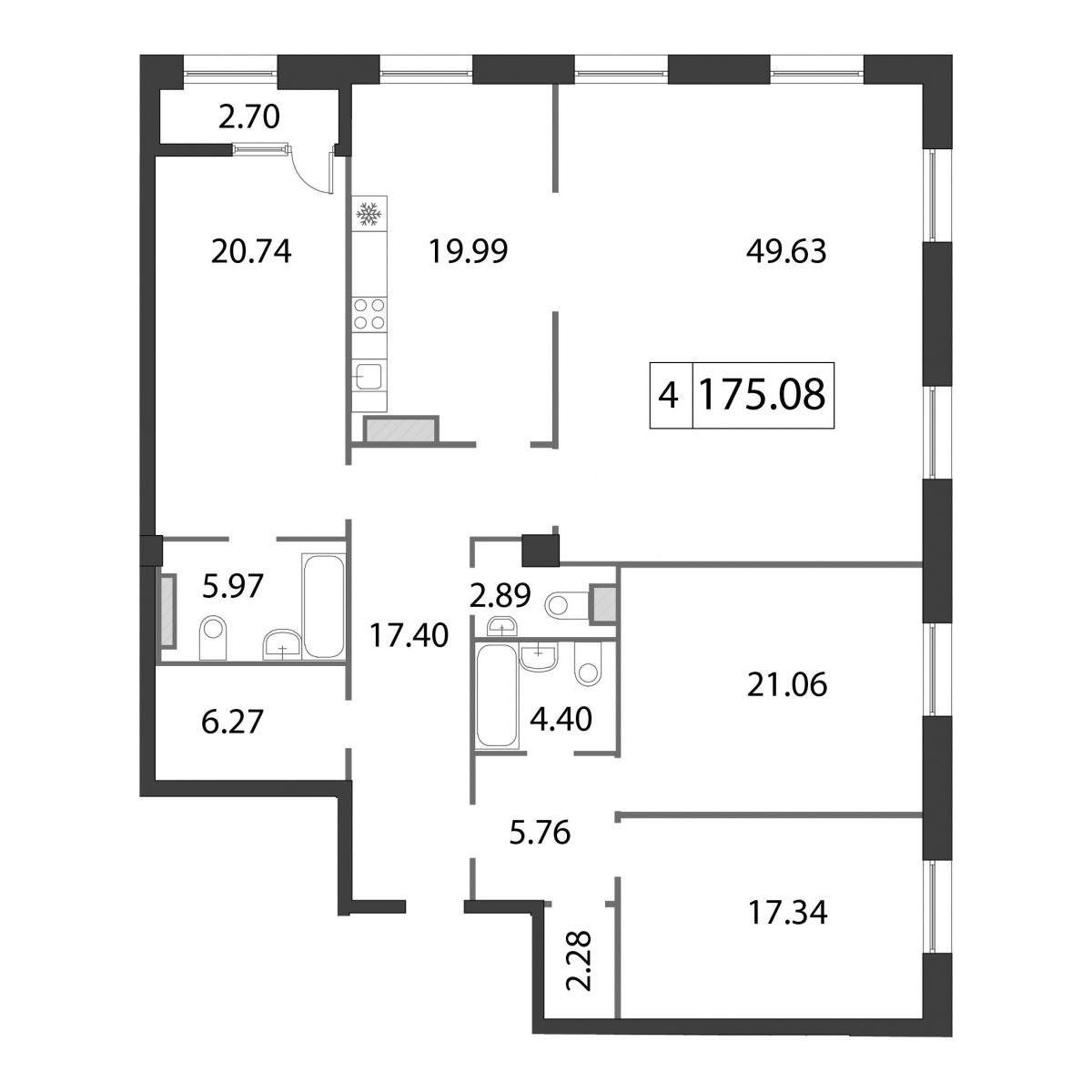 4-комнатная квартира  №58 в Neva Haus: 175.3 м², этаж 7 - купить в Санкт-Петербурге