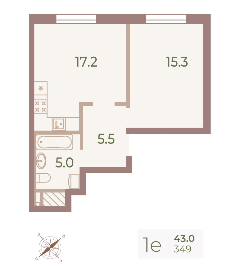 1-комнатная квартира  №349 в Neva Haus: 43.2 м², этаж 9 - купить в Санкт-Петербурге