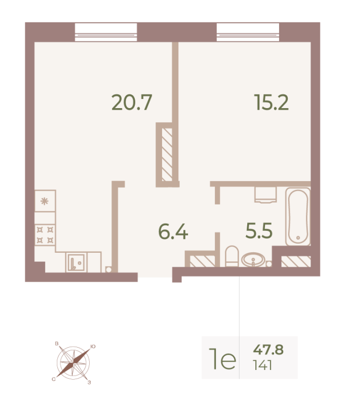 1-комнатная квартира  №141 в Neva Haus: 47.5 м², этаж 9 - купить в Санкт-Петербурге