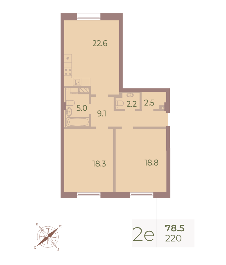 2-комнатная квартира  №220 в Neva Haus: 78.8 м², этаж 5 - купить в Санкт-Петербурге