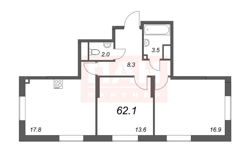 2-комнатная квартира  №49 в Цивилизация на Неве: 62.1 м², этаж 5 - купить в Санкт-Петербурге