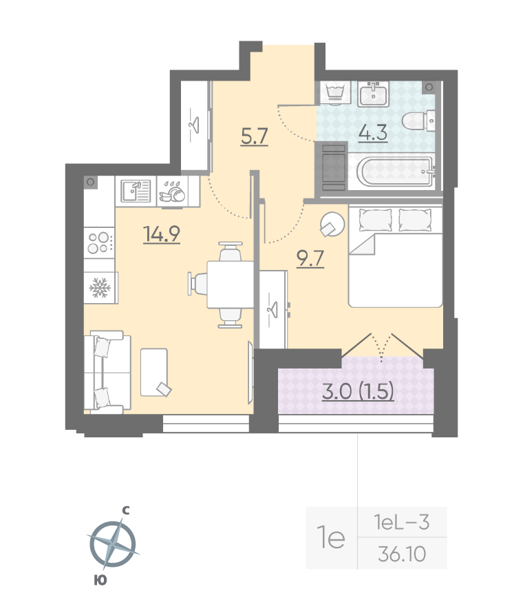 1-комнатная квартира  №209 в Цивилизация на Неве: 36.1 м², этаж 18 - купить в Санкт-Петербурге