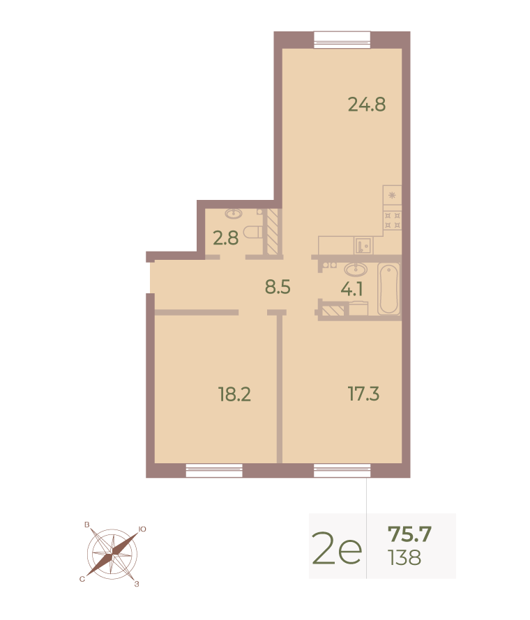 2-комнатная квартира  №138 в Neva Haus: 75.4 м², этаж 9 - купить в Санкт-Петербурге