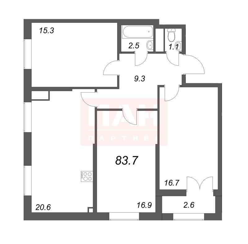 3-комнатная квартира  №1129 в Цивилизация на Неве: 83.7 м², этаж 16 - купить в Санкт-Петербурге