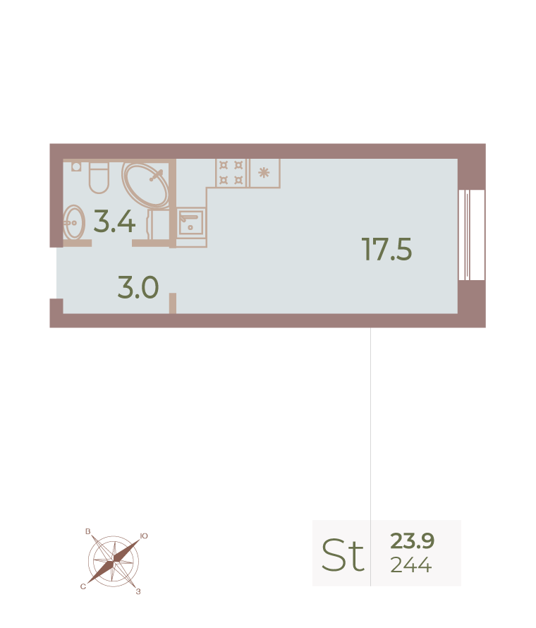 1-комнатная квартира  №244 в Neva Haus: 23.7 м², этаж 9 - купить в Санкт-Петербурге