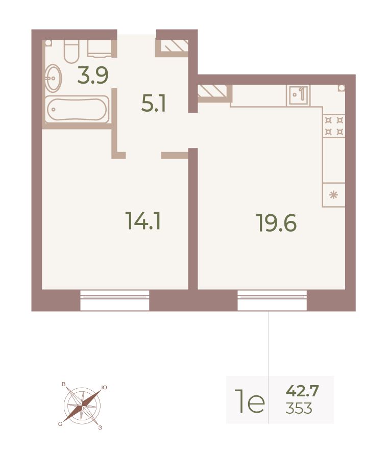 1-комнатная квартира  №353 в Neva Haus: 42.5 м², этаж 9 - купить в Санкт-Петербурге