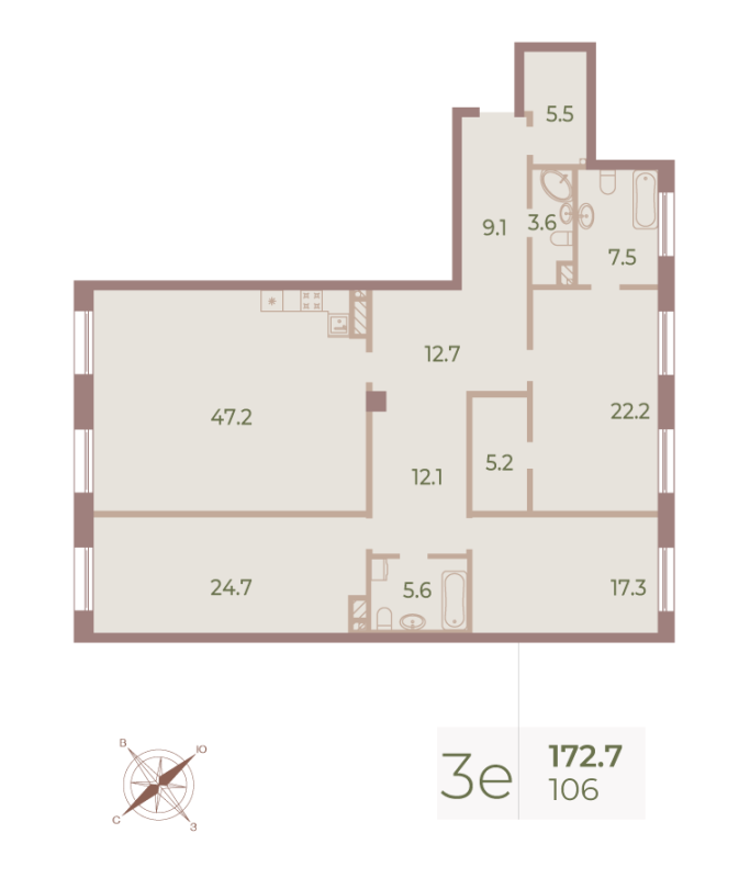 3-комнатная квартира  №106 в Neva Haus: 173 м², этаж 5 - купить в Санкт-Петербурге