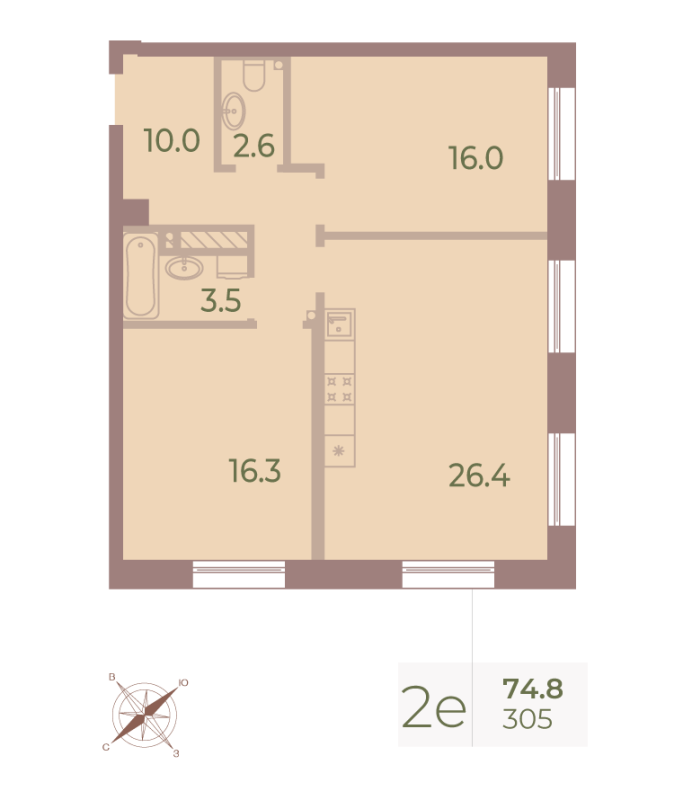2-комнатная квартира  №305 в Neva Haus: 74.8 м², этаж 9 - купить в Санкт-Петербурге
