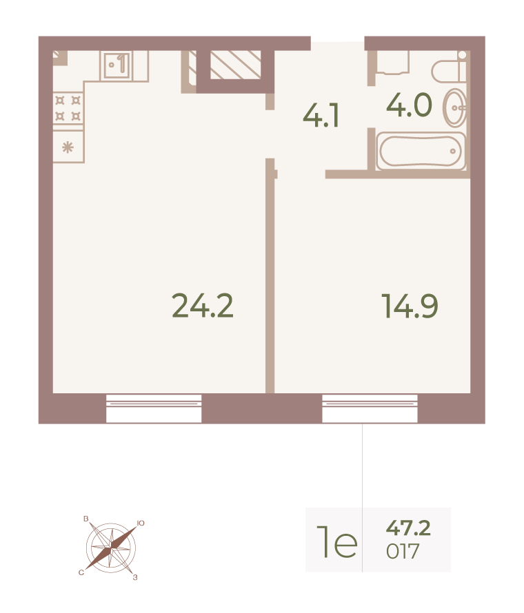 1-комнатная квартира  №17 в Neva Haus: 47.1 м², этаж 5 - купить в Санкт-Петербурге