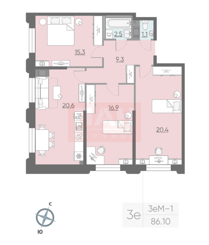 3-комнатная квартира  №1073 в Цивилизация на Неве: 86.1 м², этаж 5 - купить в Санкт-Петербурге