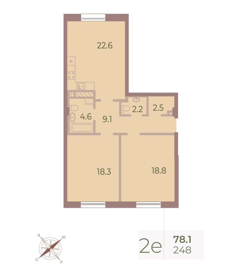 2-комнатная квартира  №248 в Neva Haus: 77.9 м², этаж 9 - купить в Санкт-Петербурге