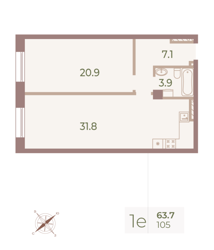 1-комнатная квартира  №105 в Neva Haus: 64 м², этаж 5 - купить в Санкт-Петербурге